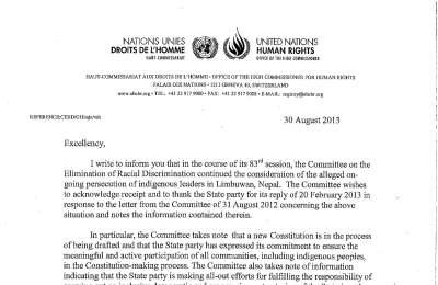 Early warning letter by the CERD, constitution making process